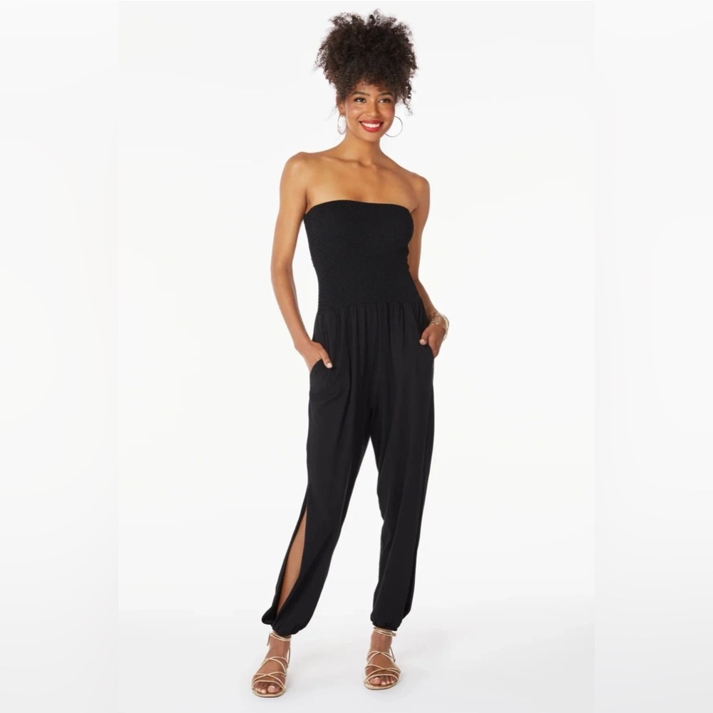 NEW bobi Los Angeles Revolve Black Strapless SlitLeg Smocked Jumpsuit SidePocket - Picture 12 of 15